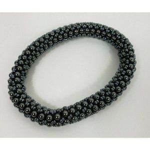 Handmade Slip On Fashion Bracelet Glass Seed Bead Woven Tube Metallic Blue Color